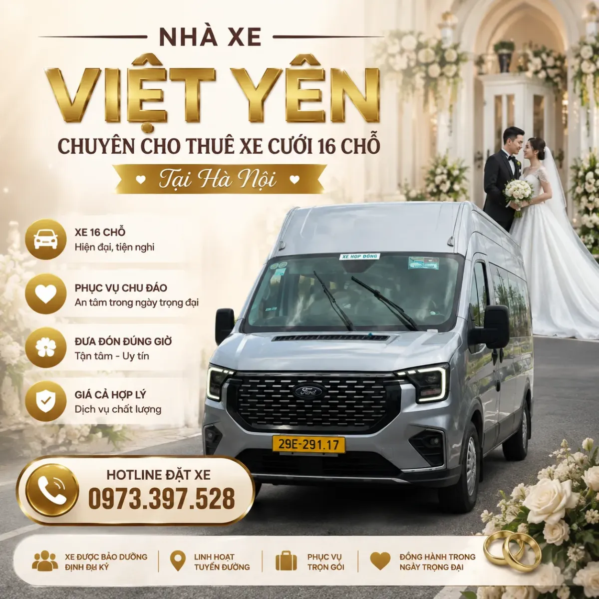 Nhà xe Việt Yên chuyên cho thuê xe cưới 16 chỗ tại Hà Nội