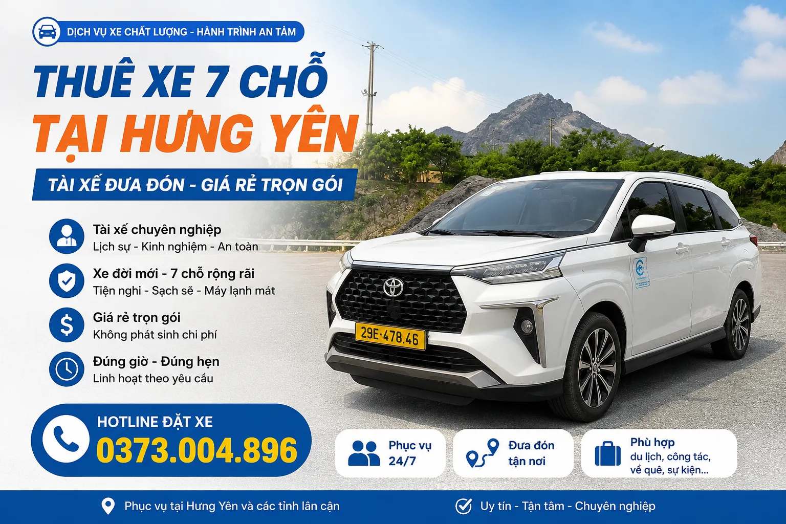 Thuê xe 7 chỗ tại Hưng Yên - Giá rẻ trọn gói